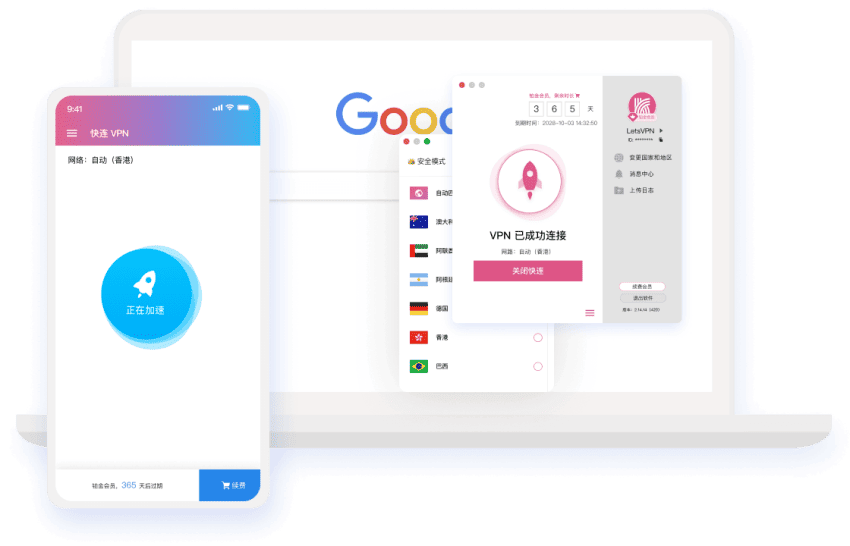 LetsVPN 产品界面示意图